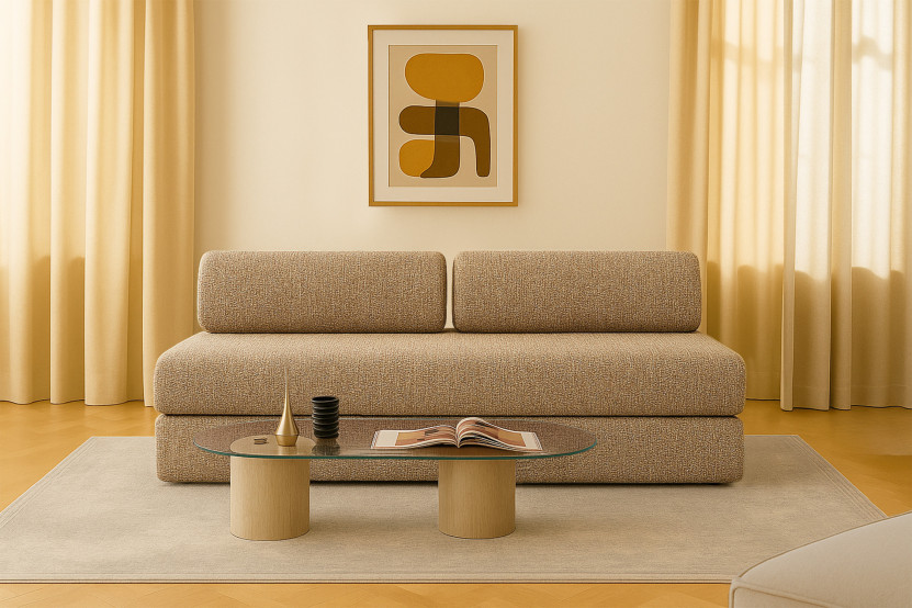 Canapé droit convertible 3 places - Tissu tweed - Marron