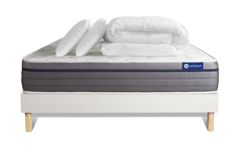 Pack lit complet 140x200 cm - Matelas + Sommier Blanc (en kit) + 2 oreillers + Couette - Actilatex Zen