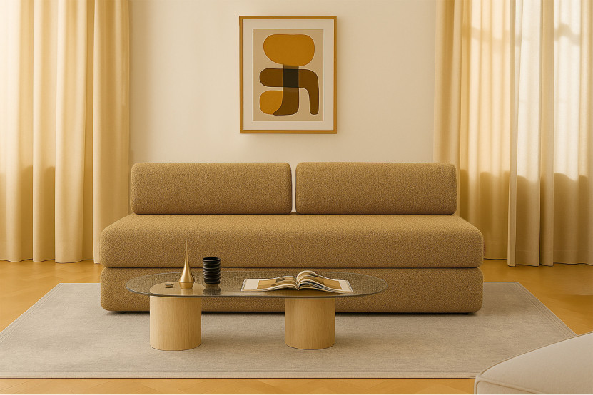 Canapé droit convertible 3 places - Tissu tweed - Jaune