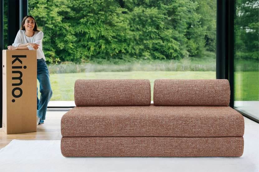 Canapé droit convertible 3 places - Tissu tweed - Rouge