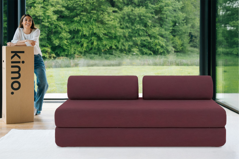 Canapé droit convertible 3 places - Tissu lisse - Rouge