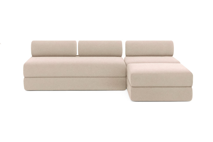 Canapé d'angle 6 places - 3 modules convertibles : Canapé 3 places + Fauteuil + Pouf - Tissu lisse Beige