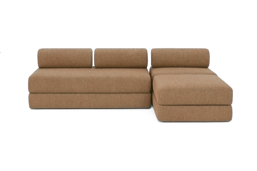 Canapé d'angle 6 places - 3 modules convertibles : Canapé 3 places + Fauteuil + Pouf - Tissu tweed Marron