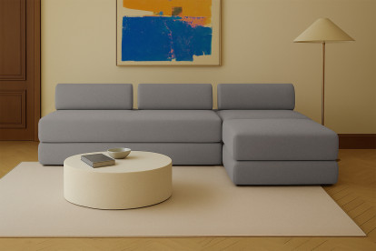 Canapé d'angle 6 places - 3 modules convertibles : Canapé 3 places + Fauteuil + Pouf - Tissu lisse Gris