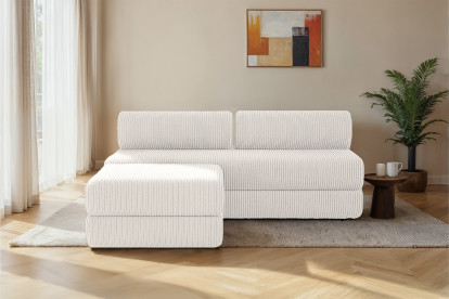 Canapé d'angle 4 places - 2 modules convertibles : Canapé 3 places + Pouf - Velours côtelé Blanc