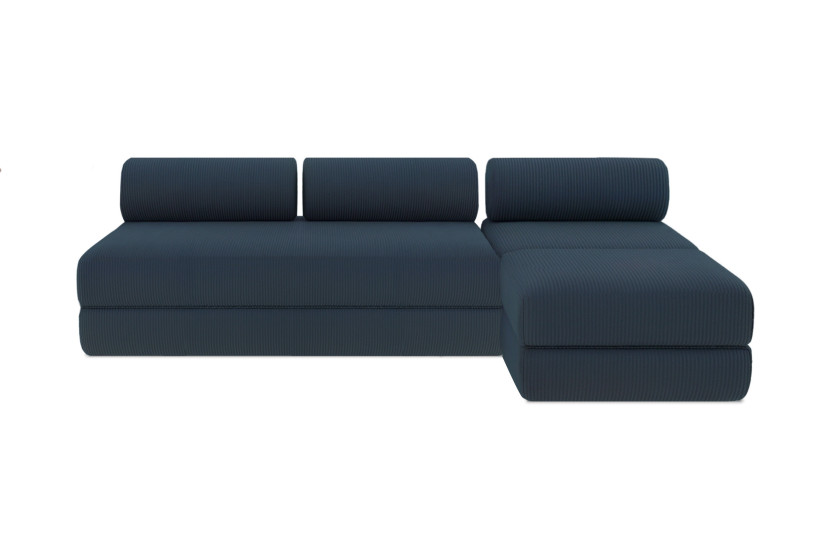 Canapé d'angle 6 places - 3 modules convertibles : Canapé 3 places + Fauteuil + Pouf - Velours côtelé Bleu