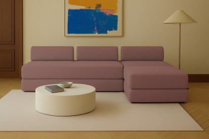 Canapé d'angle 6 places - 3 modules convertibles : Canapé 3 places + Fauteuil + Pouf - Tissu lisse Terracotta