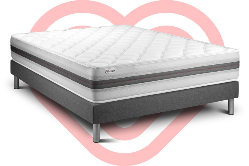 Ensemble Matelas Sommier 135x190 cm - Sommier Gris (en kit) - Vitalmemo Back