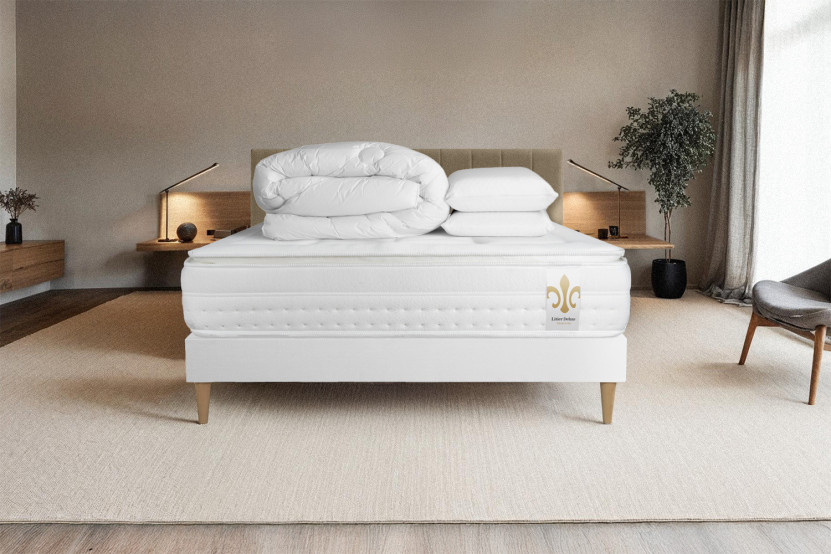 Pack lit complet 200x200 cm - Matelas + Sommier Blanc (en kit) + 2 oreillers + Couette - Vingt-Huit PLUS