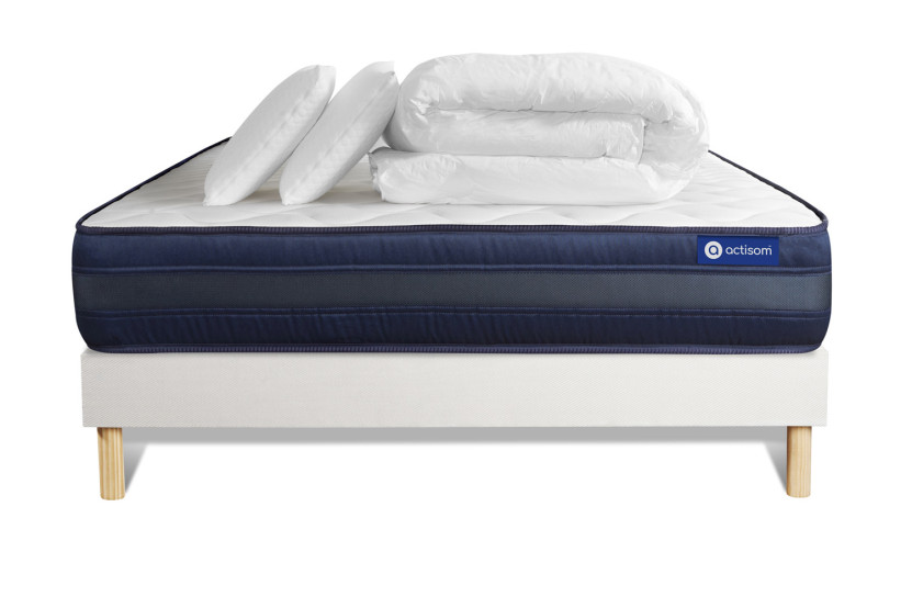 Pack lit complet 140x190 cm - Matelas + Sommier Blanc (en kit) + 2 oreillers + Couette - Actiflex Tech