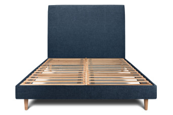 Lit 140x190 cm - Sommier à lattes H29 cm + tête de lit tapissée - Tissu Toile natté Bleu Océan