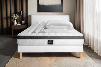 Pack lit complet 200x200 cm - Matelas + Sommier Blanc (en kit) + 2 oreillers + Couette - Supérieur