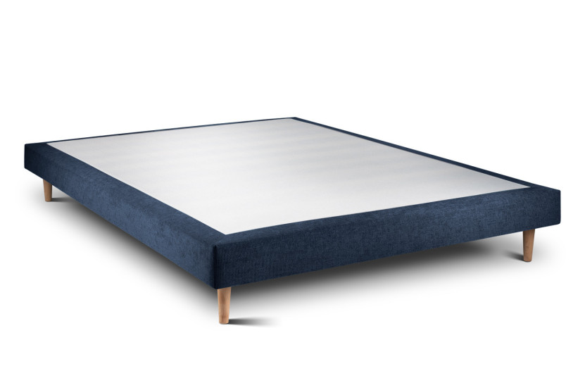 Lit 150x200 cm - Sommier tapissier H29 cm + tête de lit à lignes - Tissu Toile natté Bleu Océan