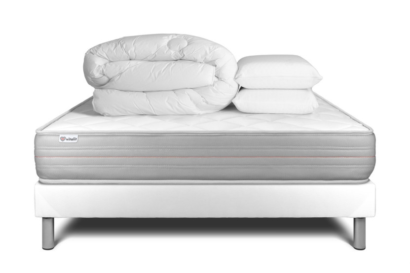 Pack lit complet 140x200 cm - Matelas + Sommier Blanc (en kit) + 2 oreillers + Couette - Vitalmemo