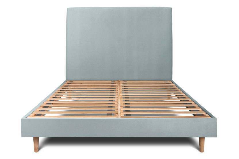 Lit 150x200 cm - Sommier à lattes H29 cm + tête de lit tapissée - Tissu Velours Gris Bleuté