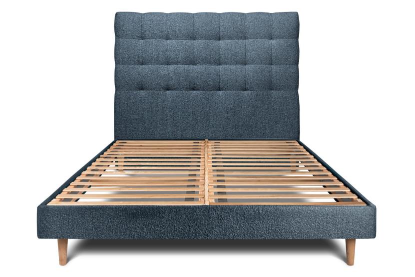 Lit 135x190 cm - Sommier à lattes H29 cm + tête de lit capitonnée - Tissu Bouclette Bleu