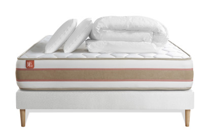 Pack lit complet 160x200 cm - Matelas + Sommier Blanc + 2 oreillers + Couette - Le Délicat
