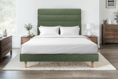 Lit 160x200 cm - Sommier tapissier H29 cm + tête de lit à lignes - Tissu Toile natté Vert Kaki