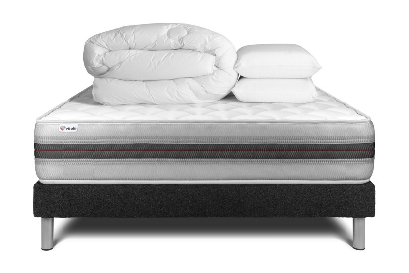 Pack lit complet 200x200 cm - Matelas + Sommier Noir (en kit) + 2 oreillers + Couette - Vitalmemo Back