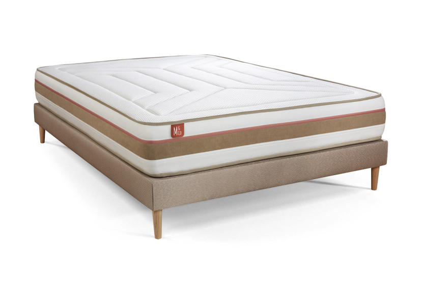 Pack lit complet 160x200 cm - Matelas + Sommier Beige + 2 oreillers + Couette - Le Tendre