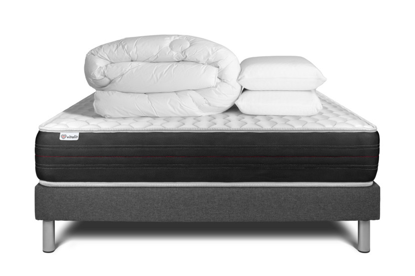 Pack lit complet 160x200 cm - Matelas + Sommier Gris (en kit) + 2 oreillers + Couette - Vitalspring