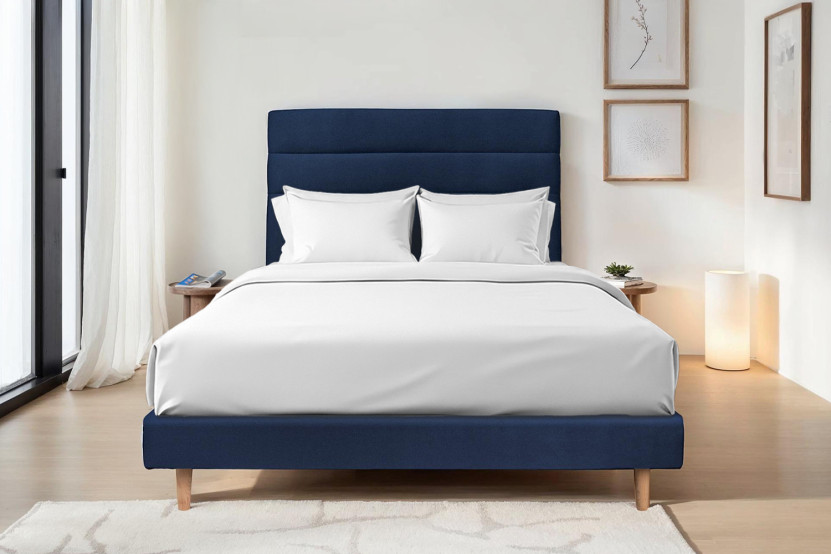 Lit 140x190 cm - Sommier tapissier H29 cm + tête de lit à lignes - Tissu Velours Bleu Océan