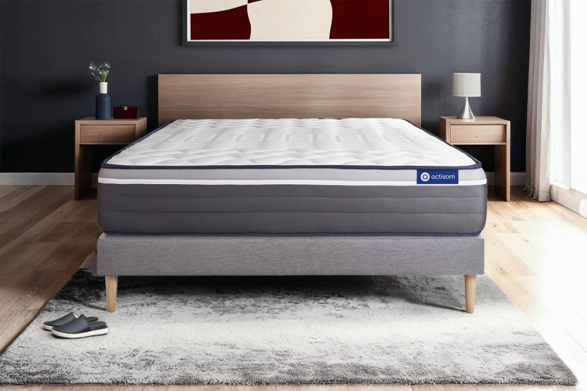 Ensemble Matelas Sommier 135x190 cm - Sommier Gris (en kit) - Actilatex Plus