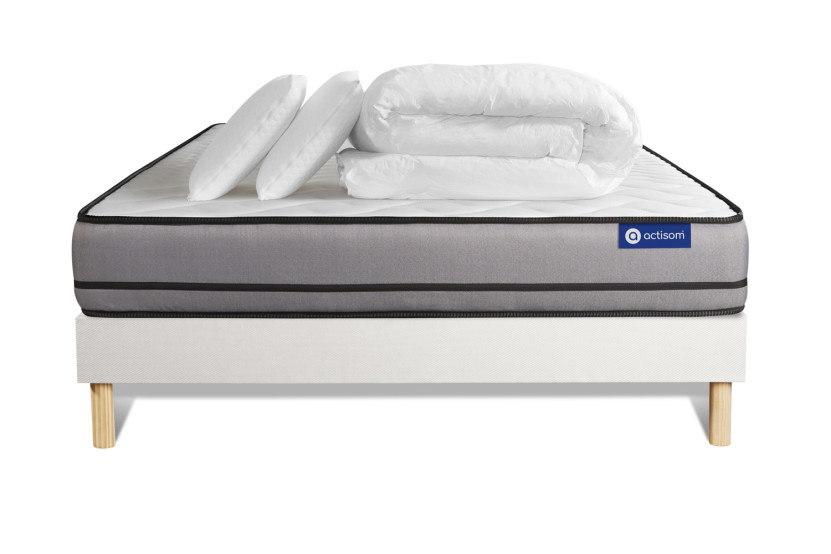 Pack lit complet 140x190 cm - Matelas + Sommier Blanc (en kit) + 2 oreillers + Couette - Actimemo Night