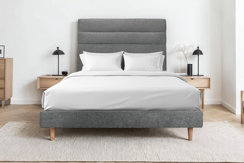 Lit 160x200 cm - Sommier tapissier H29 cm + tête de lit à lignes - Tissu Toile natté Gris Anthracite