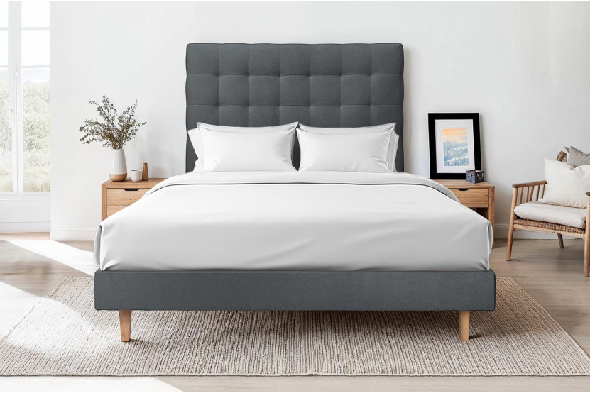 Lit 150x190 cm - Sommier tapissier H29 cm + tête de lit capitonnée - Tissu Velours Gris Anthracite