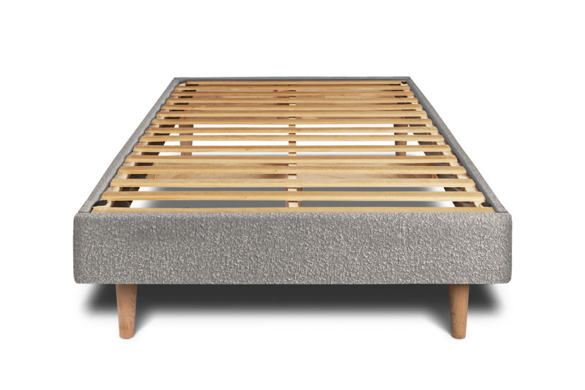 Lit 90x200 cm - Sommier à lattes H29 cm + tête de lit tapissée - Tissu Bouclette Gris