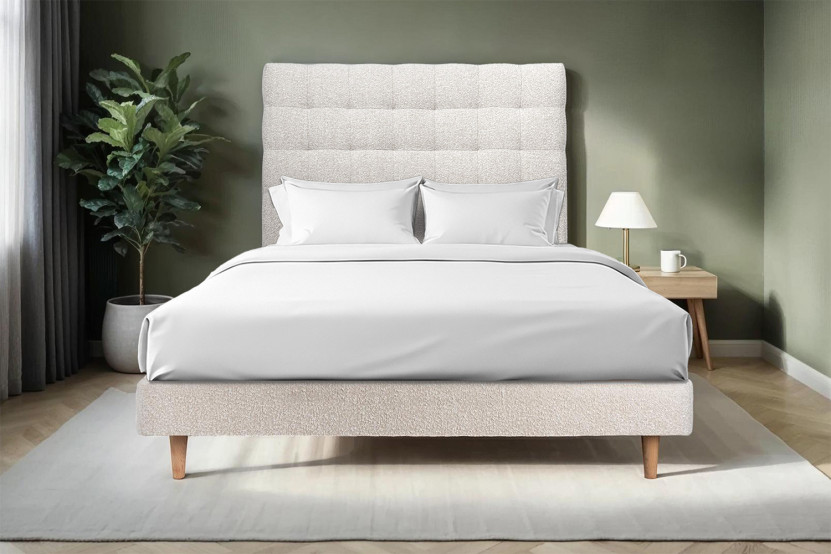 Lit 140x190 cm - Sommier à lattes H29 cm + tête de lit capitonnée - Tissu Bouclette Beige Clair Lit 140x190 cm - Sommier à lattes H29 cm + tête de lit capitonnée - Tissu Bouclette Beige Clair