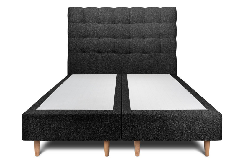 Lit 2x 80x200 cm - Sommier tapissier H35 cm + tête de lit capitonnée - Tissu Bouclette Noir