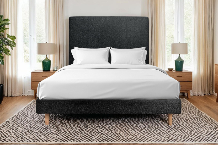 Lit 150x200 cm - Sommier à lattes H29 cm + tête de lit tapissée - Tissu Bouclette Noir