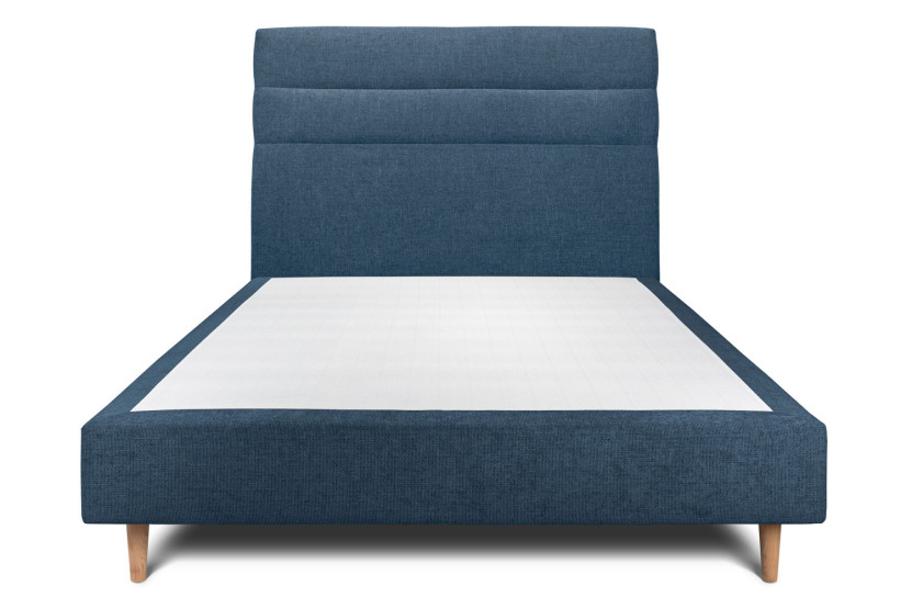 Lit 160x200 cm - Sommier tapissier H35 cm + tête de lit à lignes - Tissu Toile natté Bleu Océan