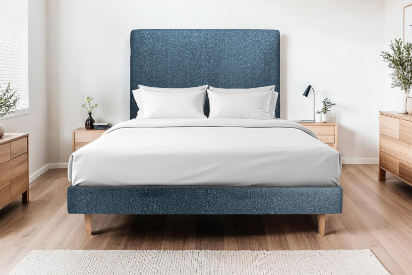Lit 160x200 cm - Sommier tapissier H29 cm + tête de lit tapissée - Tissu Bouclette Bleu
