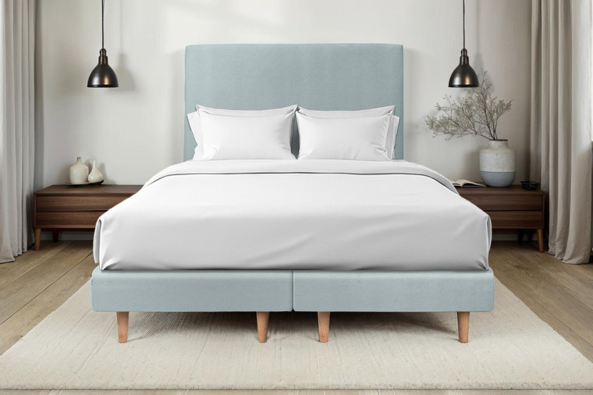 Lit 2x 90x200 cm - Sommier tapissier H29 cm + tête de lit tapissée - Tissu Velours Gris Bleuté
