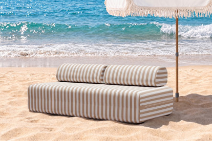 Canapé 3 places modulable - Tissu extérieur à rayures, blanc et marron