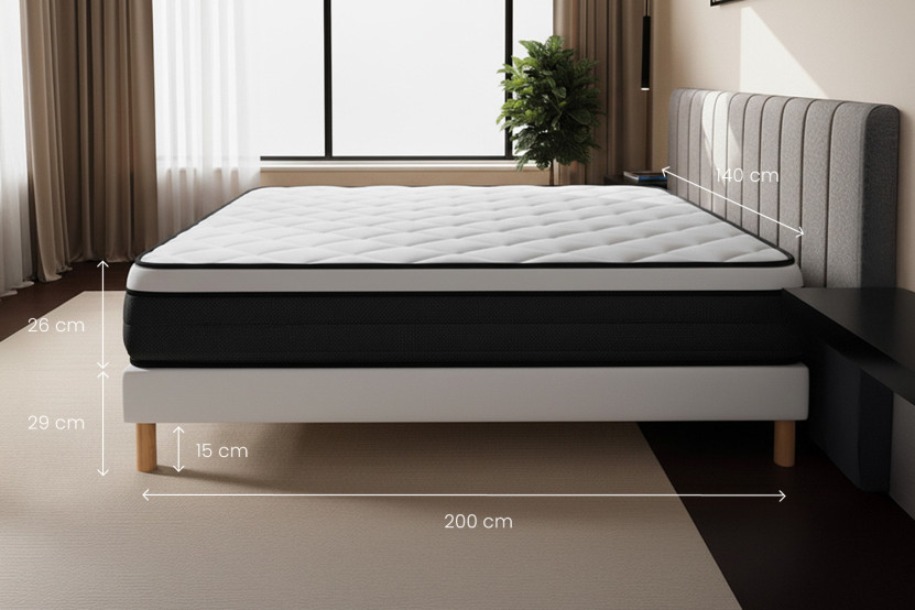 Pack lit complet 140x200 cm - Matelas + Sommier Noir + 2 oreillers + Couette - Suite