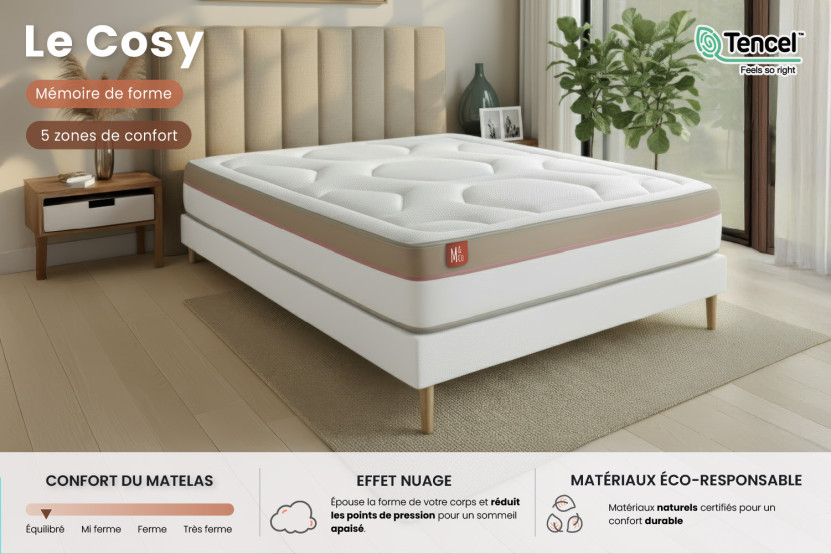 Pack lit complet 140x200 cm - Matelas + Sommier Beige + 2 oreillers + Couette - Le Cosy