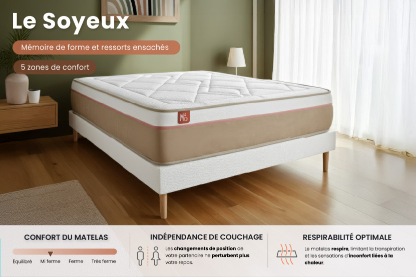 Matelas 90x190 cm Ressorts ensachés et Mémoire de forme - Le Soyeux