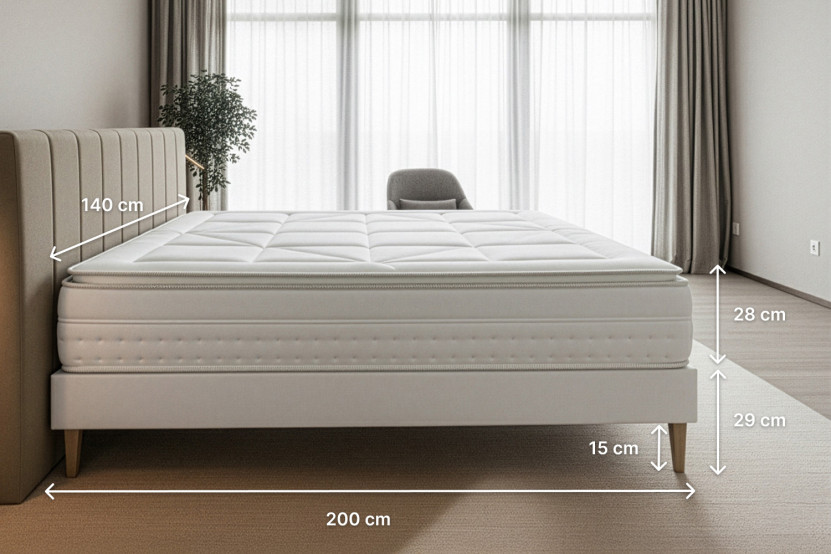 Pack lit complet 140x200 cm - Matelas + Sommier Gris + 2 oreillers + Couette - Vingt-Huit PLUS