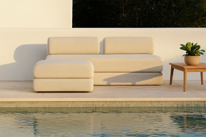 Canapé d'angle 4 places - 2 modules convertibles : Canapé 3 places + Pouf - Tissu extérieur Beige clair