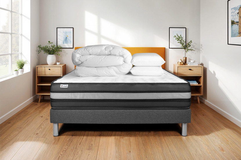 Pack lit complet 140x190 cm - Matelas + Sommier Gris (en kit) + 2 oreillers + Couette - Vital Power Zen