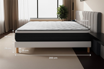Pack lit complet 200x200 cm - Matelas + Sommier Noir (en kit) + 2 oreillers + Couette - Suite