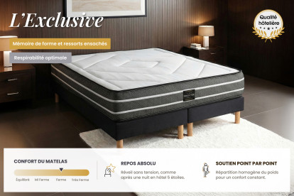 Pack lit complet 140x190 cm - Matelas + Sommier Noir (en kit) + 2 oreillers + Couette - Exclusive