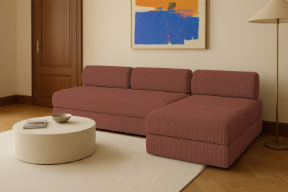 Canapé d'angle 6 places - 3 modules convertibles : Canapé 3 places + Fauteuil + Pouf - Velours côtelé Terracotta