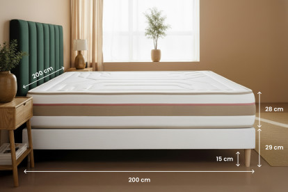 Pack lit complet 200x200 cm - Matelas + 2 Sommiers Beiges + 2 oreillers + Couette - Le Tendre
