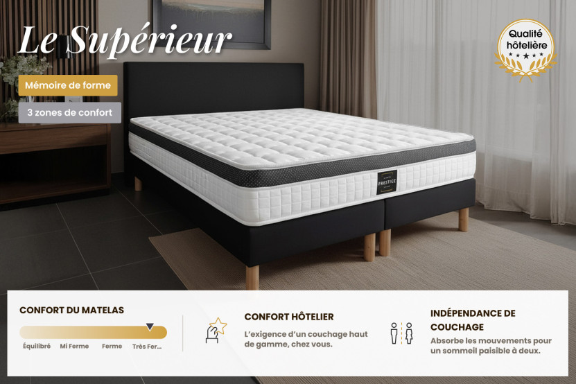 Pack lit complet 140x200 cm - Matelas + Sommier Noir + 2 oreillers + Couette - Supérieur