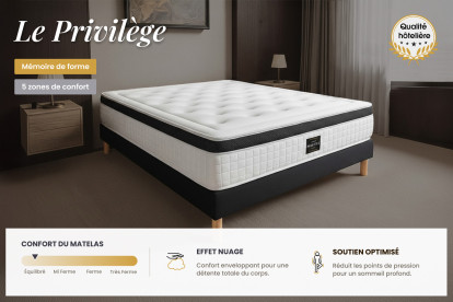 Pack lit complet 140x190 cm - Matelas + Sommier Noir (en kit) + 2 oreillers + Couette - Privilège